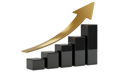 Dramatic gold arrow climbing stylish bar graph showing consistent growth trend