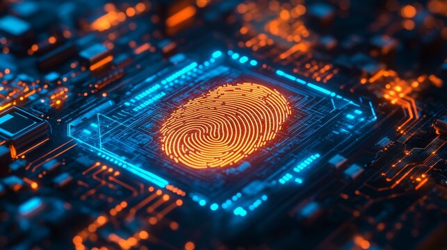 A glowing fingerprint hologram on digital microchip circuit board with orange and blue neon lights, cybersecurity, personal data protection, biometric authentication, and secure digital identity.