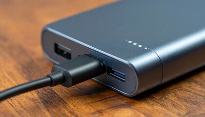 Gray portable charger plugged in
