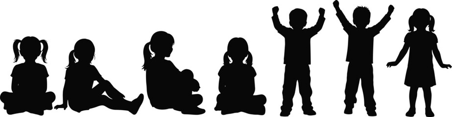 Children silhouettes, sitting and standing, playful poses, black and white, emotional posture, childhood expression, minimalist art, isolated background, vector style