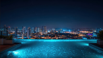 Obraz premium Stunning night view of city skyline illuminated by vibrant lights, featuring luxurious infinity pool that reflects shimmering water. scene evokes sense of tranquility and modern elegance