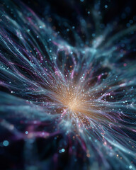 Cosmic Convergence: An abstract artwork depicts a celestial event, with vibrant hues of blue, pink, and gold swirling to a central point, evoking the grandeur of the cosmos. 