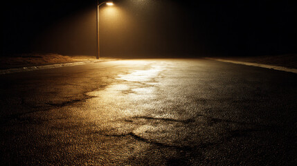 Dimly lit street at night, featuring solitary streetlamp casting warm glow on cracked asphalt road. atmosphere is mysterious and quiet, evoking sense of solitude and contemplation