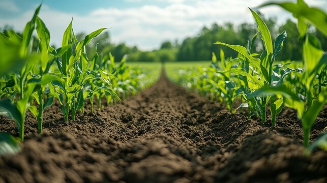 Close-up view of a cultivated agricultural field with young green corn plants growing in neat rows, fertile soil in focus, under a bright sky, symbolizing farming, growth, sustainability, and harvest.
