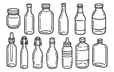 Bottle and jar doodle collection isolated on transparent background, generative ai