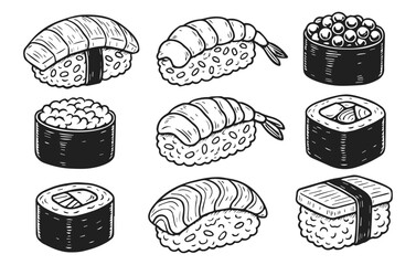 Sushi doodle collection isolated on transparent background, generative ai