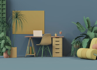 Modern Home Office Workspace with Green Plants and Minimalist Desk – Cozy Interior Design Background