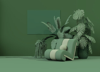 green armchair with green plant on green background. Advertisement idea. Creative composition. 3d render, social media and sale concept	
