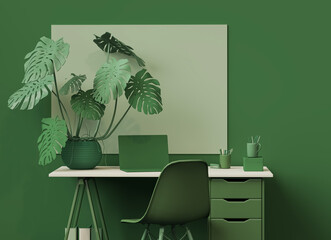 Modern Home Office Workspace with Green Plants and Minimalist Desk – Cozy Interior Design Background