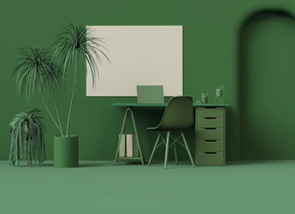 Modern Home Office Workspace with Green Plants and Minimalist Desk – Cozy Interior Design Background