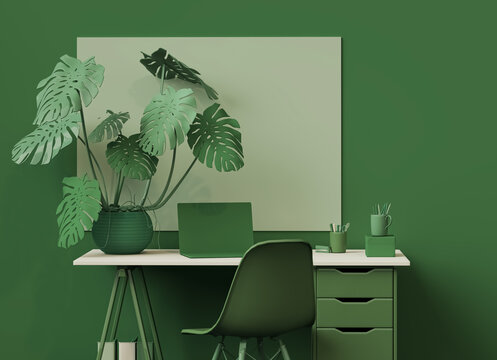 Modern Home Office Workspace with Green Plants and Minimalist Desk &ndash; Cozy Interior Design Background