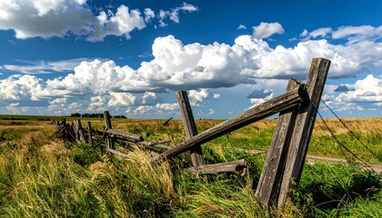 Broken wooden fence in a field under a cloudy sky