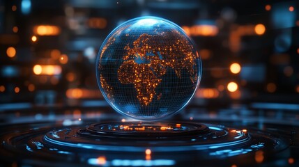 Futuristic digital holographic globe with glowing continents lit by orange light points, worldwide connectivity, advanced communication, modern technology, data exchange networks, global interaction.