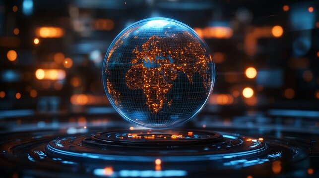 Futuristic digital holographic globe with glowing continents lit by orange light points, worldwide connectivity, advanced communication, modern technology, data exchange networks, global interaction.