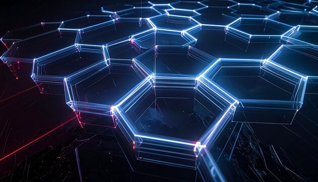 Abstract close-up of illuminated, interconnected hexagonal shapes, glowing with neon blue light on a dark textured background