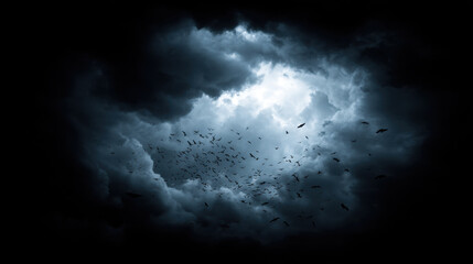 Obraz premium Dark clouds gather ominously in sky, creating dramatic backdrop for flock of birds in flight. scene evokes sense of mystery and anticipation, as light breaks through clouds