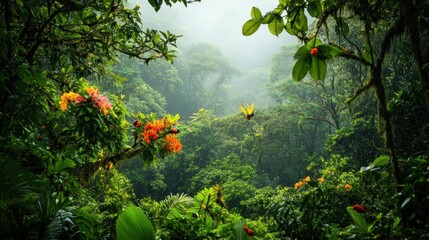 Lush rainforest canopy, vibrant flowers, mist
