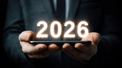 Hands holding smartphone displaying glowing numbers representing year 2026, symbolizing future technology and innovation. image conveys sense of anticipation and progress