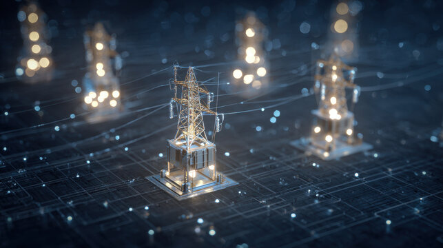 Digital power grid electricity energy technology infrastructure network transmission power lines glowing futuristic communication data connectivity innovation engineering design urban city modern - Powered by Adobe
