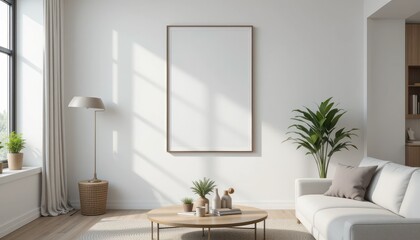 Interior design with empty frame on the wall, sofa, and plants in the living room