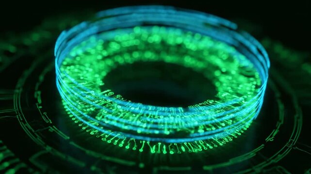A seamlessly looping video of a green digital circuit energy ring with data streams flowing around its circumference technology, seamlessly looping video, green
