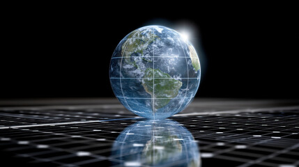 Digital representation of Earth showcases globe with grid overlay, reflecting light against dark background. This symbolizes global connectivity and technology
