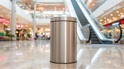 Sleek stainless steel trash can stands prominently in modern shopping mall, surrounded by blurred shoppers and escalators, reflecting clean and organized environment