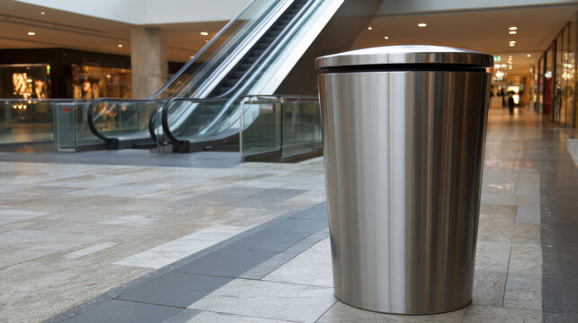 Modern stainless steel trash can stands prominently shopping mall, surrounded by polished stone floors and escalators background. clean and sleek design adds to contemporary atmosphere of space