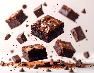 Brownies in mid-air with chocolate chips