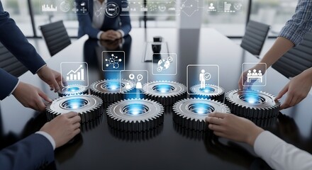 Business team collaborating with gears and digital interface in conference room teamwork concept high quality professional
