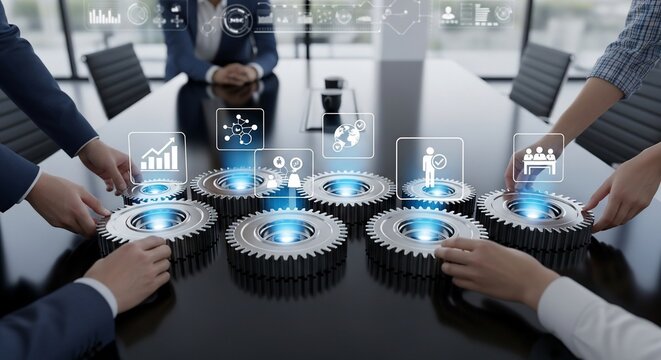 Business team collaborating with gears and digital interface in conference room teamwork concept high quality professional