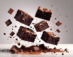 Brownies in mid-air with chocolate
