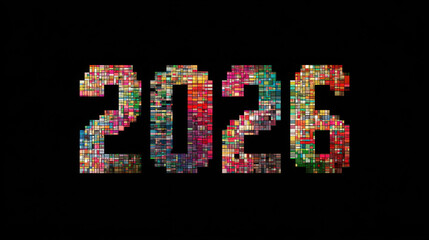 Colorful mosaic numbers 2026 displayed against black background, symbolizing creativity and future aspirations. vibrant arrangement of images reflects diversity and innovation