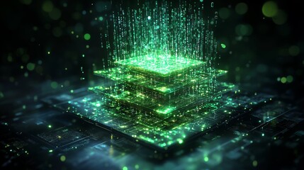 Futuristic 3D concept of green glowing microchip layers with data streams flowing upward, representing advanced digital technology, computing power, artificial intelligence next-generation electronics