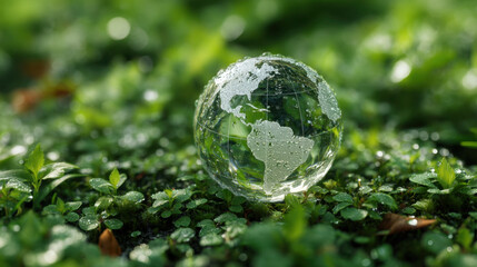 Clear globe representing Earth sits bed of lush green foliage, symbolizing environmental awareness and sustainability. globe features detailed continents and is adorned with droplets of water