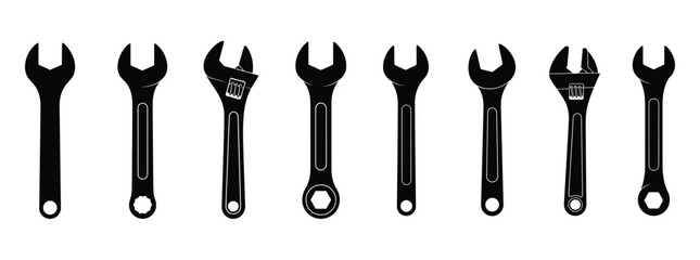 Set of Black Silhouette Wrenches and Adjustable Wrenches on White spanner tool