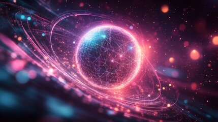 Obraz premium Futuristic glowing planet with digital connections, vibrant neon rings and cosmic energy particles in deep space, symbolizing technology, communication, virtual network, abstract galactic innovation.