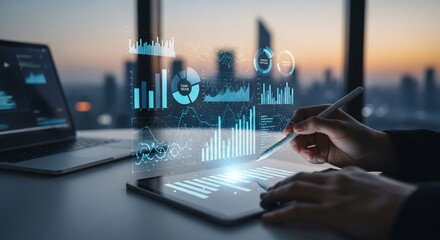 Data analysis Holographic projection showing graphs and charts on tablet with cityscape in background modern technology concept