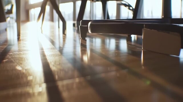 Sunlight Through the Chair Legs on the Wooden Floor creates Long Shadows