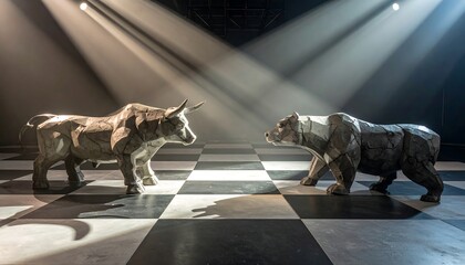 Bull and bear statues on a checkered floor