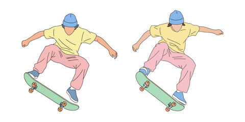 Obraz premium Vector illustration of a young man performing skateboard tricks in two different poses