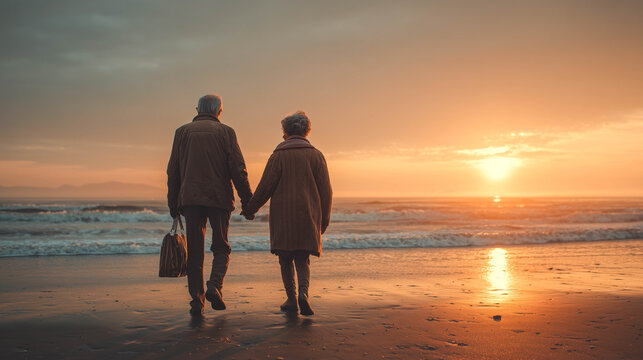Elderly couple holding hands on a beach at sunset. - Powered by Adobe
