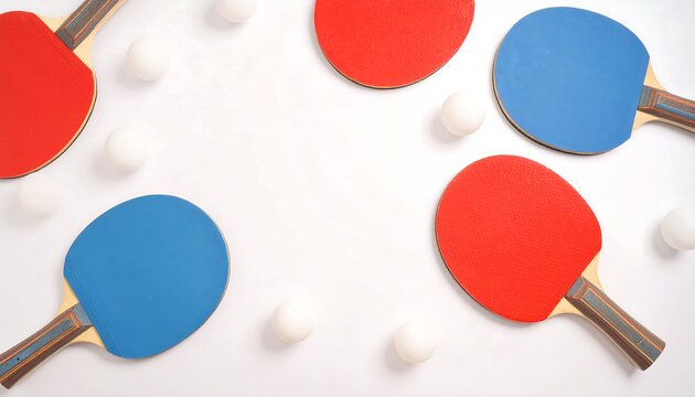 Ping pong paddles and balls arranged on white background - Powered by Adobe
