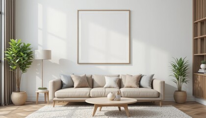 Fototapeta premium Minimalist Interior Design with a Blank Frame, Sofa, Plants and Modern Home Decor