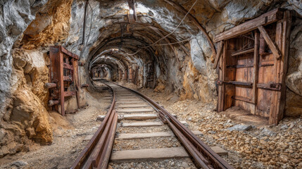 Naklejka premium Dimly lit underground mine tunnel features wooden supports and tracks leading into distance, surrounded by rocky walls. atmosphere evokes sense of history and exploration