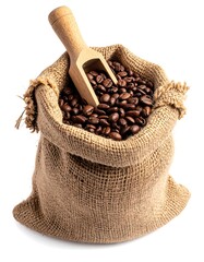 Burlap sack filled with coffee beans and wooden scoop