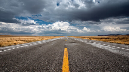 Naklejka premium Long, empty road stretches into distance under dramatic sky filled with clouds. landscape features dry grasslands on either side, creating sense of isolation and adventure