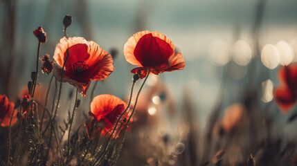 Obraz premium Vibrant red poppy flowers bloom gracefully in field, their delicate petals catching sunlight. soft bokeh effect in background enhances serene beauty of nature