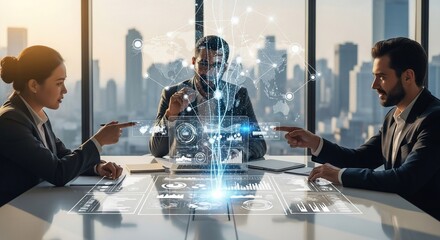 Business meeting with ai hologram futuristic technology interface in modern office collaboration and innovation