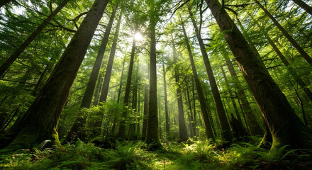 Obraz premium 森林の光芒 古木神秘的な緑の森に差し込む太陽の光
